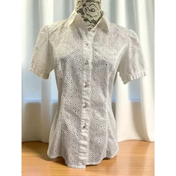 Escada white eyelet short-sleeved shirt rhinestone-embellished buttons size 38 - Picture 1 of 11
